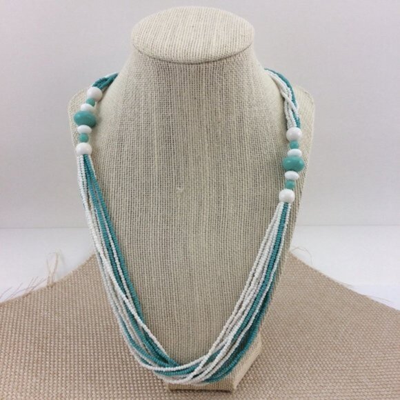 Blue and White Multi Strand Beaded Necklace with Metal Striped Bangle Bracelet - Picture 7 of 12